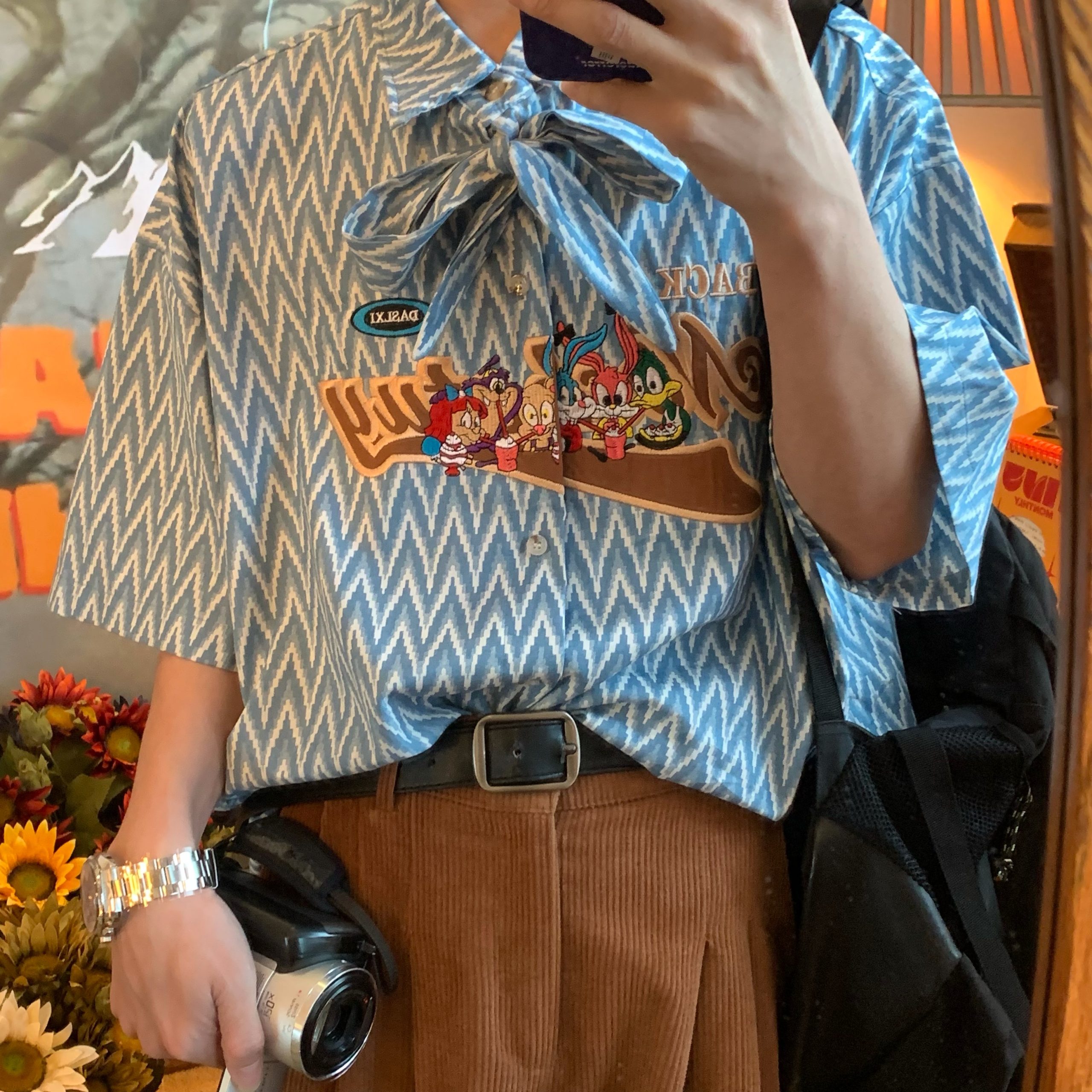 Japanese Retro Cartoon Embroidery Bow Tie Collar Shirt - Loose Gender-Neutral Summer Fashion 90s Style Top Japanese Retro Cartoon Embroidery Bow Tie Collar Shirt - Loose Gender-Neutral Summer Fashion 90s Style Top