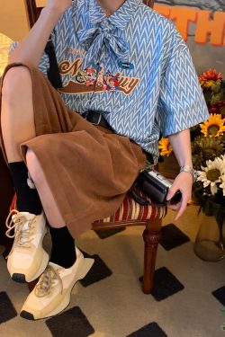 Japanese Retro Cartoon Embroidery Bow Tie Collar Shirt - Loose Gender-Neutral Summer Fashion 90s Style Top