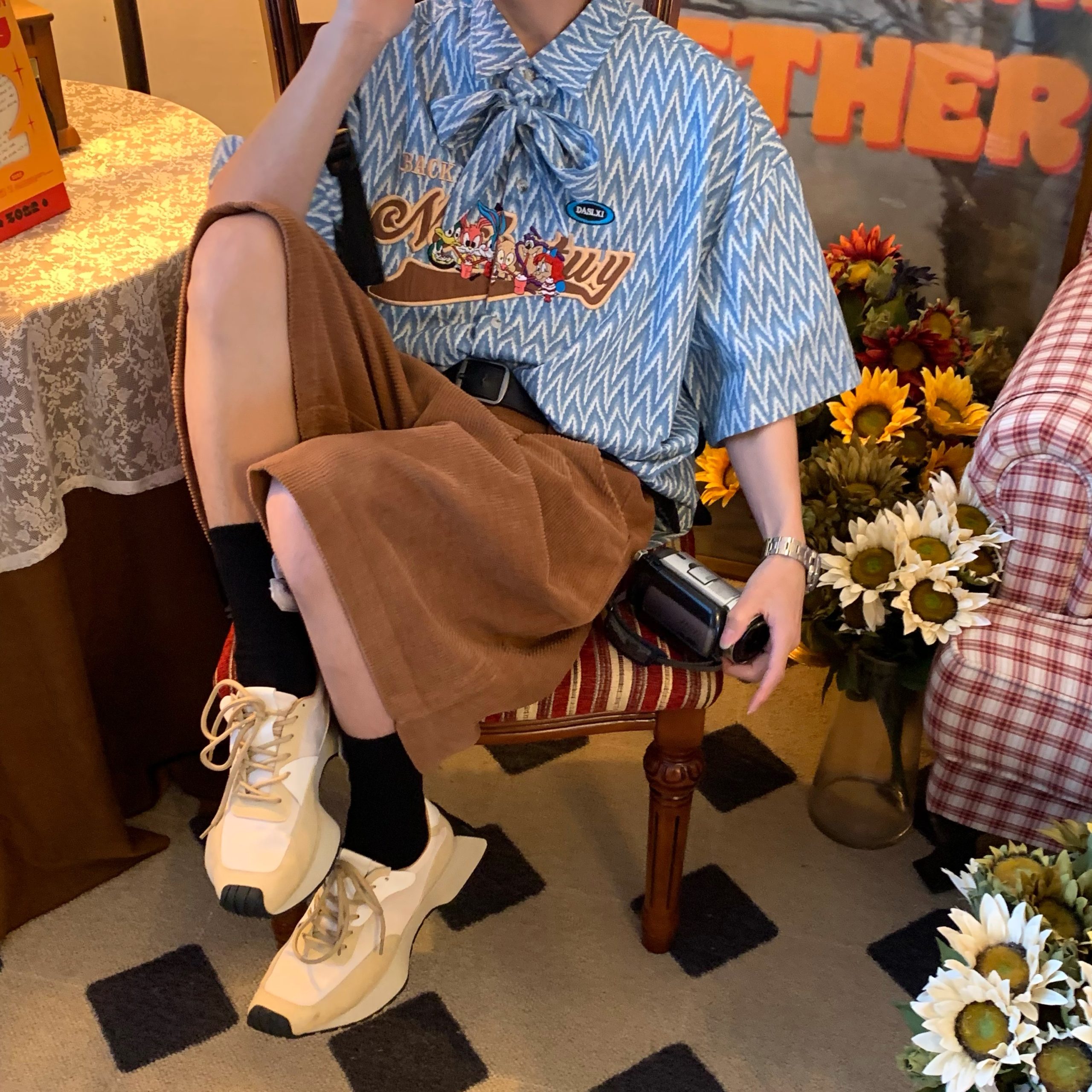 Japanese Retro Cartoon Embroidery Bow Tie Collar Shirt - Loose Gender-Neutral Summer Fashion 90s Style Top Japanese Retro Cartoon Embroidery Bow Tie Collar Shirt - Loose Gender-Neutral Summer Fashion 90s Style Top