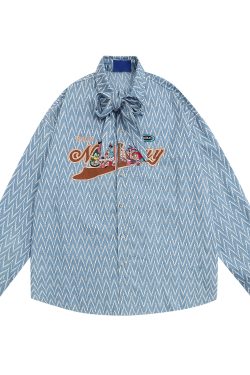 Japanese Retro Cartoon Embroidery Bow Tie Collar Shirt - Loose Gender-Neutral Summer Fashion 90s Style Top