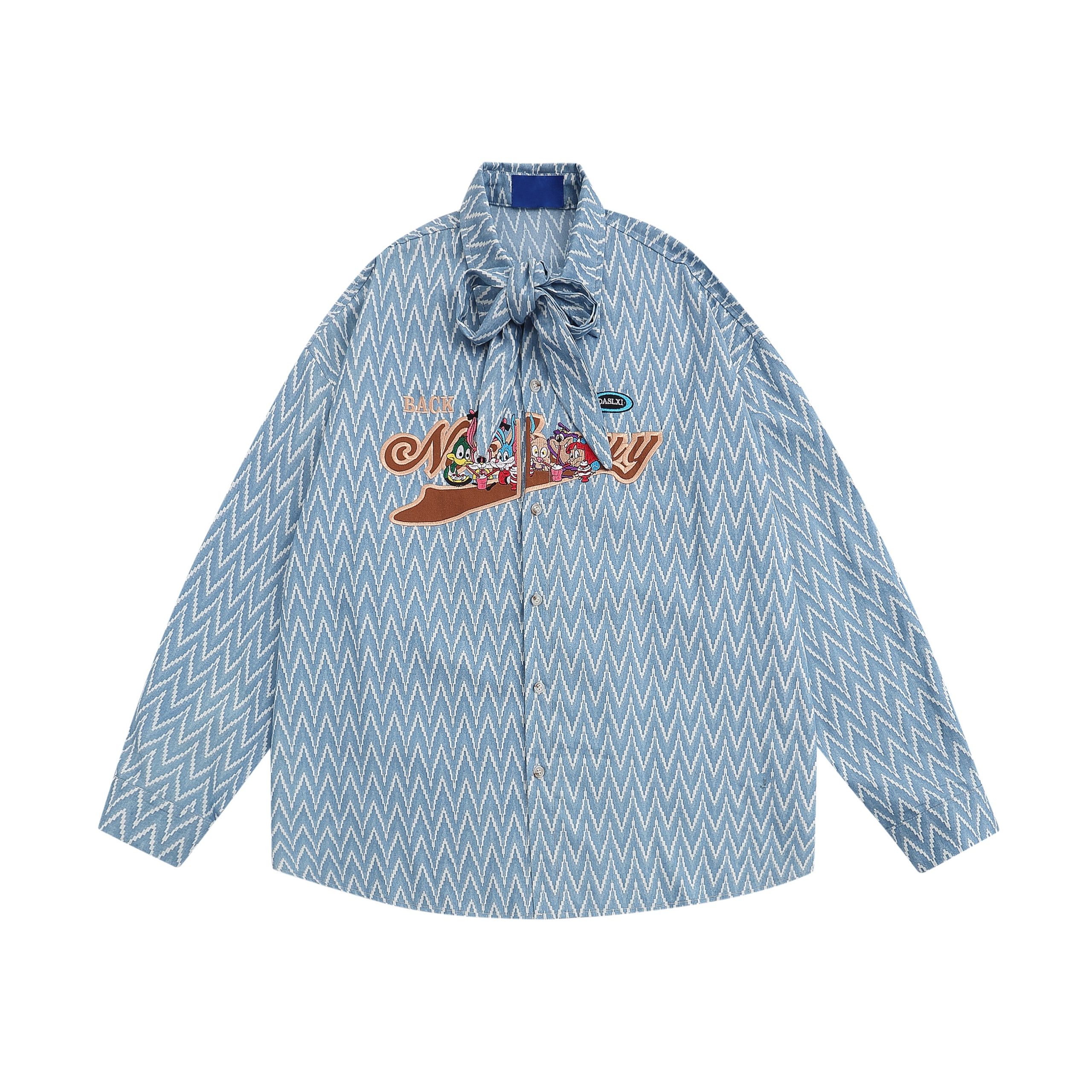 Japanese Retro Cartoon Embroidery Bow Tie Collar Shirt - Loose Gender-Neutral Summer Fashion 90s Style Top Japanese Retro Cartoon Embroidery Bow Tie Collar Shirt - Loose Gender-Neutral Summer Fashion 90s Style Top