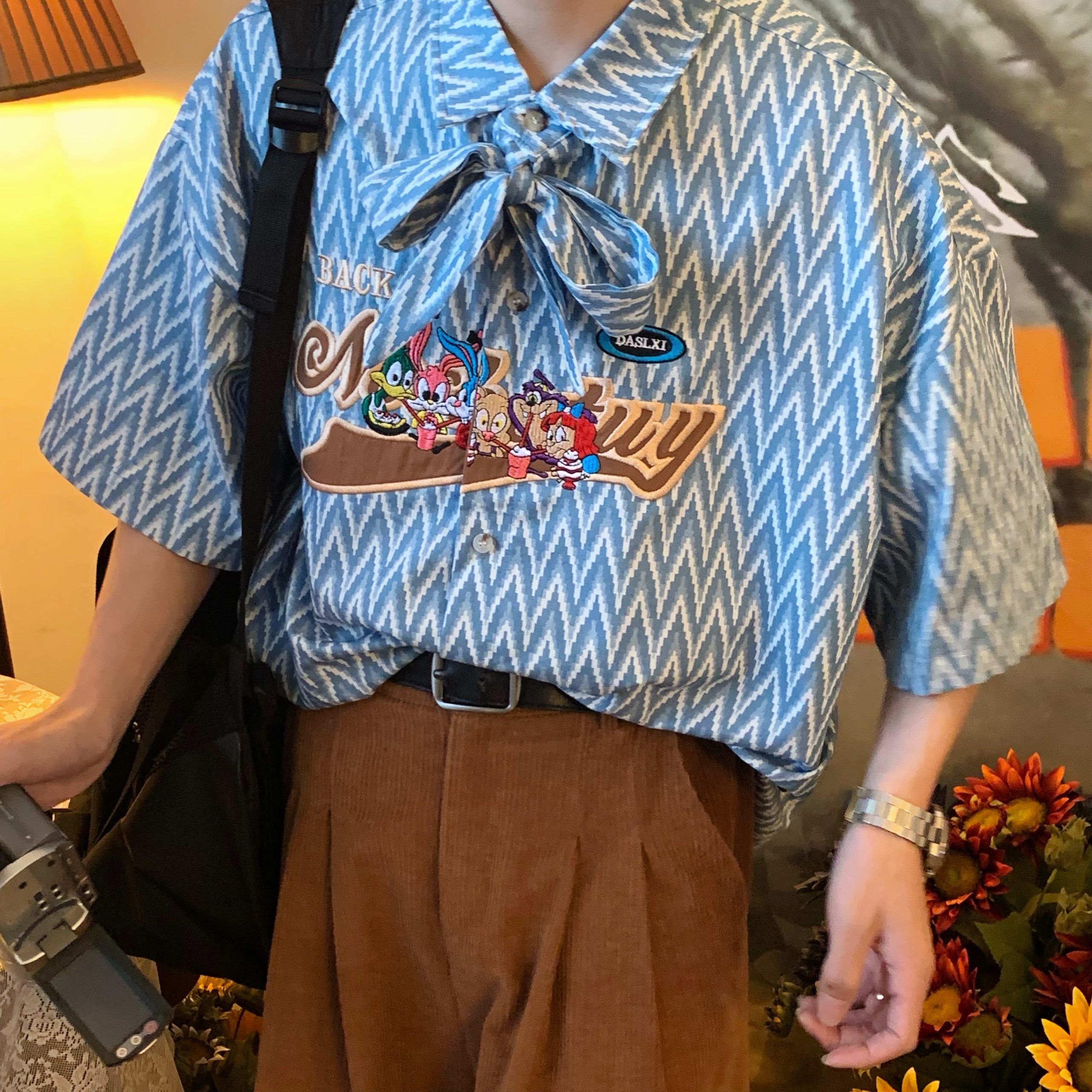 Japanese Retro Cartoon Embroidery Bow Tie Collar Shirt - Loose Gender-Neutral Summer Fashion 90s Style Top Japanese Retro Cartoon Embroidery Bow Tie Collar Shirt - Loose Gender-Neutral Summer Fashion 90s Style Top