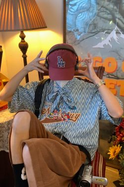 Japanese Retro Cartoon Embroidery Shirt, Loose Gender-Neutral Bow Tie Collar, Summer 90s Ins Style Top