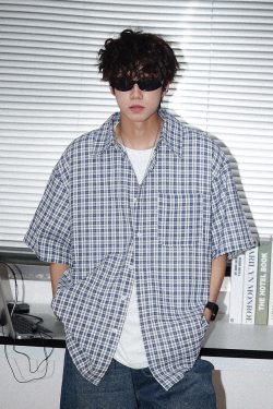 Japanese Retro Checkered Short Sleeve Shirt for Men and Women - Summer BF Style, Casual Loose Fit, Versatile Half-Sleeve Top