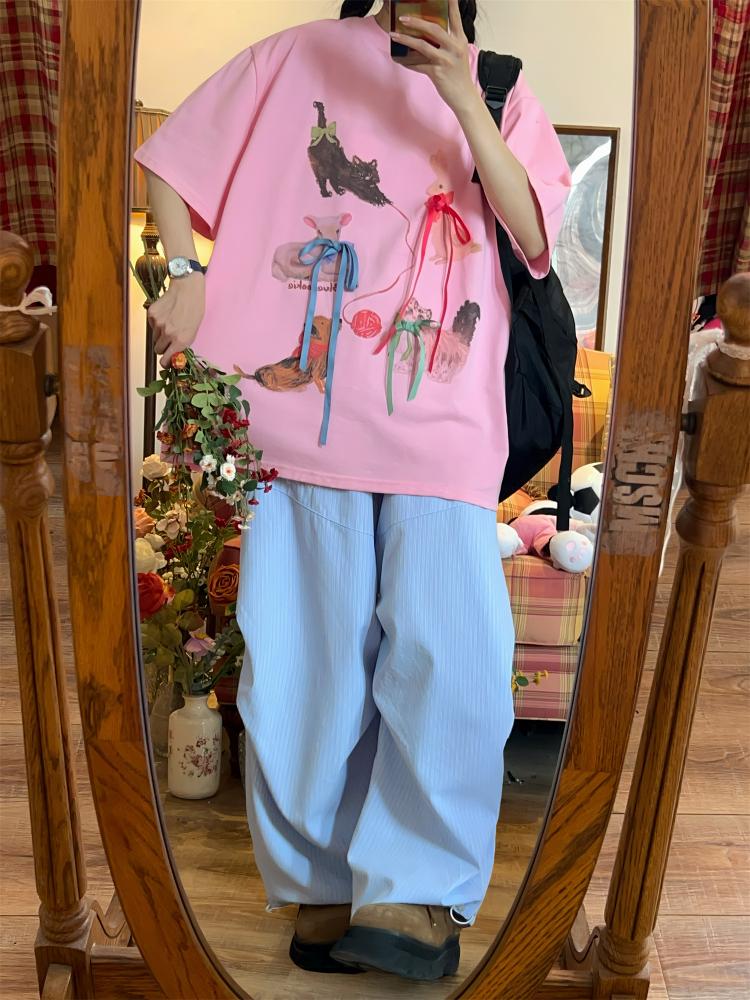 Japanese Retro Cute Cat Print Short Sleeve T-Shirt for Women, Bow Detail, Loose Fit, Y2K Style, Casual Summer Top Japanese Retro Cute Cat Print Short Sleeve T-Shirt for Women, Bow Detail, Loose Fit, Y2K Style, Casual Summer Top