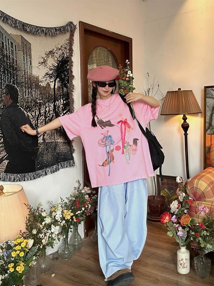 Japanese Retro Cute Cat Print Short Sleeve T-Shirt for Women, Bow Detail, Loose Fit, Y2K Style, Casual Summer Top Japanese Retro Cute Cat Print Short Sleeve T-Shirt for Women, Bow Detail, Loose Fit, Y2K Style, Casual Summer Top