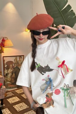 Japanese Retro Cute Cat Print Short Sleeve T-Shirt for Women, Bow Detail, Loose Fit, Y2K Style, Casual Summer Top