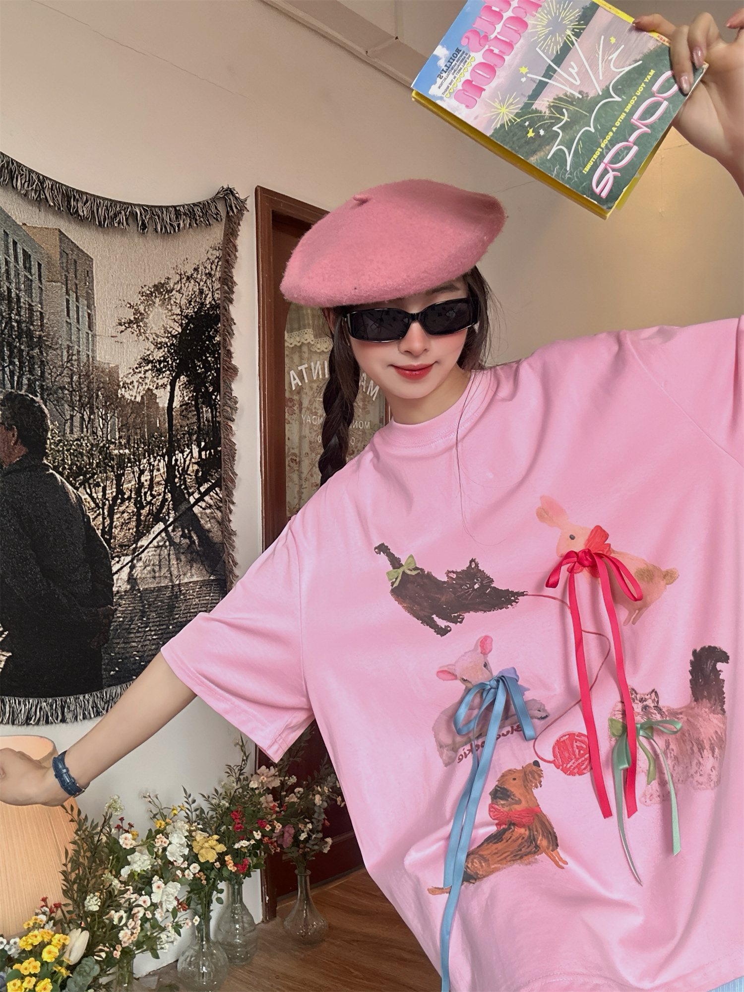 Japanese Retro Cute Cat Print Short Sleeve T-Shirt for Women, Bow Detail, Loose Fit, Y2K Style, Casual Summer Top Japanese Retro Cute Cat Print Short Sleeve T-Shirt for Women, Bow Detail, Loose Fit, Y2K Style, Casual Summer Top