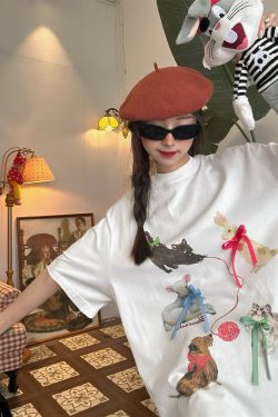 Japanese Retro Cute Cat Print Short Sleeve T-Shirt for Women, Bow Detail, Loose Fit, Y2K Style, Casual Summer Top