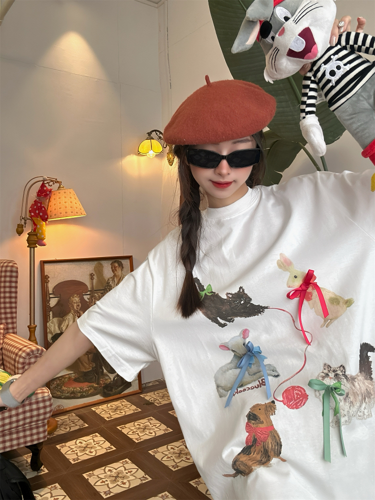 Japanese Retro Cute Cat Print Short Sleeve T-Shirt for Women, Bow Detail, Loose Fit, Y2K Style, Casual Summer Top Japanese Retro Cute Cat Print Short Sleeve T-Shirt for Women, Bow Detail, Loose Fit, Y2K Style, Casual Summer Top