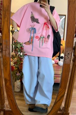 Japanese Retro Cute Cat Print Short Sleeve T-Shirt for Women with Bow and Round Neck - Fun Y2K Style Loose Fit Top