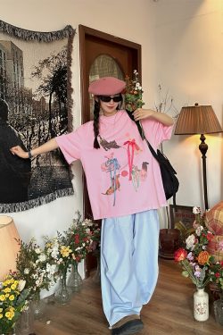 Japanese Retro Cute Cat Print Short Sleeve T-Shirt for Women with Bow and Round Neck - Fun Y2K Style Loose Fit Top