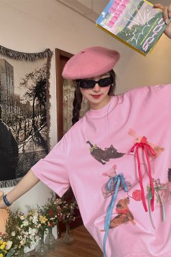 Japanese Retro Cute Cat Print Short Sleeve T-Shirt for Women with Bow and Round Neck - Fun Y2K Style Loose Fit Top