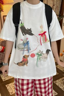 Japanese Retro Cute Cat Print Short Sleeve T-Shirt for Women with Bow and Round Neck - Fun Y2K Style Loose Fit Top