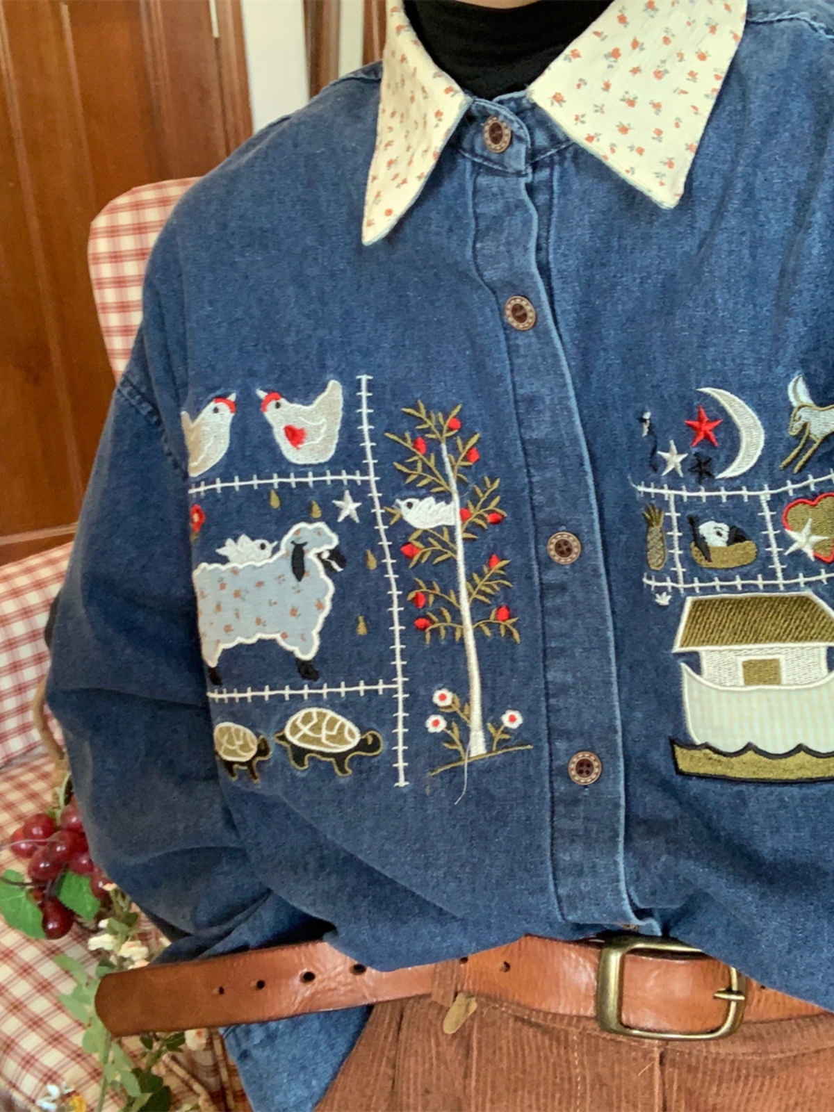 Japanese Retro Floral Embroidered Denim Short Sleeve Shirt - Summer Loose Fit Half Sleeve Top for Effortless Style Japanese Retro Floral Embroidered Denim Short Sleeve Shirt - Summer Loose Fit Half Sleeve Top for Effortless Style