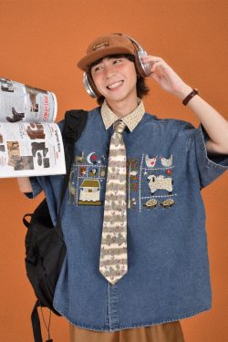 Japanese Retro Floral Embroidered Denim Short Sleeve Shirt - Summer Loose Fit Half Sleeve Top for Effortless Style