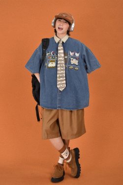 Japanese Retro Floral Embroidered Denim Short Sleeve Shirt - Summer Loose Fit Half Sleeve Top for Effortless Style