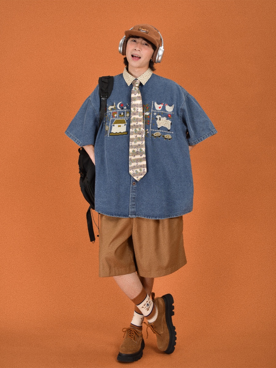 Japanese Retro Floral Embroidered Denim Short Sleeve Shirt - Summer Loose Fit Half Sleeve Top for Effortless Style Japanese Retro Floral Embroidered Denim Short Sleeve Shirt - Summer Loose Fit Half Sleeve Top for Effortless Style