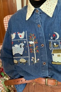 Japanese Retro Floral Embroidered Denim Short Sleeve Shirt - Summer Loose Fit Half Sleeve Top for Effortless Style