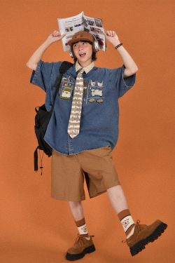 Japanese Retro Floral Embroidered Denim Short Sleeve Shirt - Summer Loose Fit Half Sleeve Top for Effortless Style