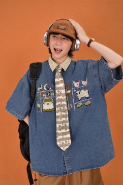 Japanese Retro Floral Embroidered Denim Short Sleeve Shirt - Summer Loose Fit Half Sleeve Top for Effortless Style