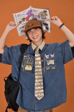 Japanese Retro Floral Embroidered Denim Short Sleeve Shirt - Summer Loose Fit Half Sleeve Top for Effortless Style