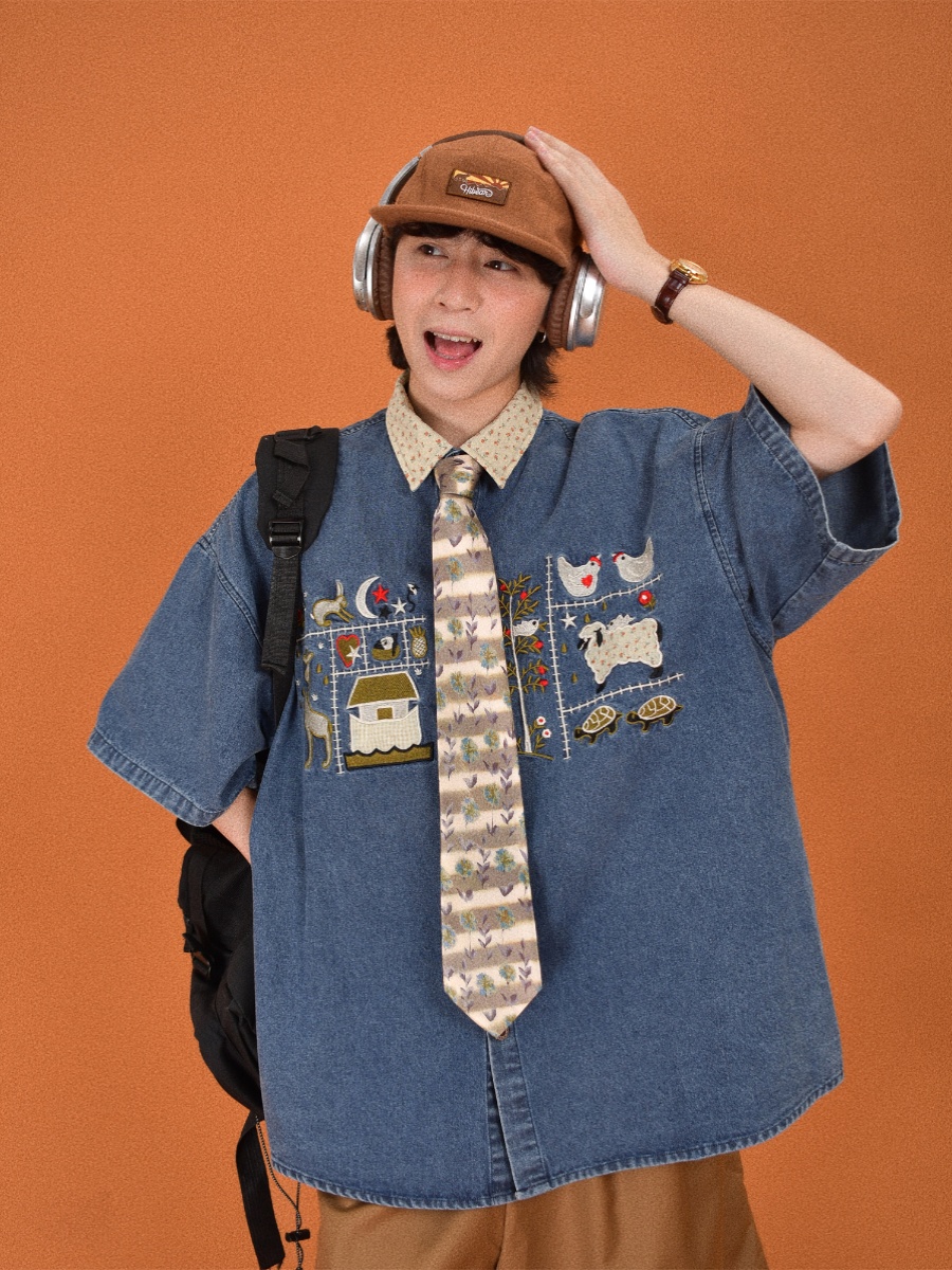 Japanese Retro Floral Embroidered Denim Short Sleeve Shirt - Summer Loose Fit Half Sleeve Top for Effortless Style Japanese Retro Floral Embroidered Denim Short Sleeve Shirt - Summer Loose Fit Half Sleeve Top for Effortless Style