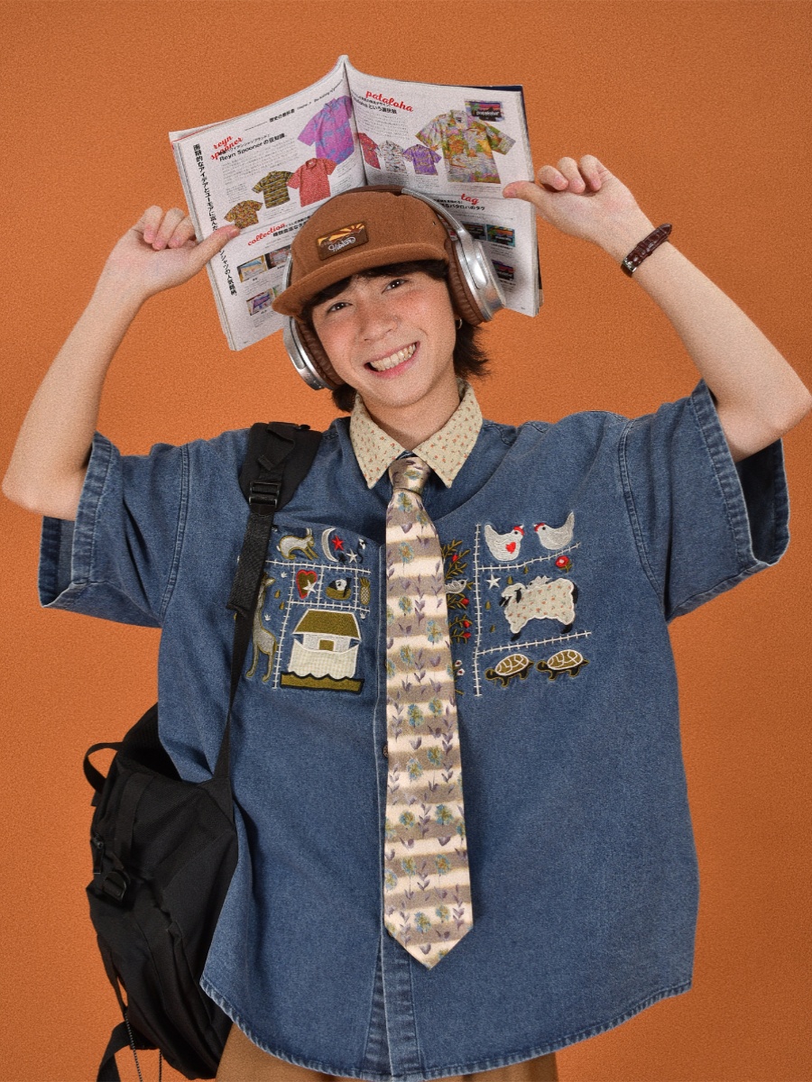 Japanese Retro Floral Embroidered Denim Short Sleeve Shirt - Summer Loose Fit Half Sleeve Top for Effortless Style Japanese Retro Floral Embroidered Denim Short Sleeve Shirt - Summer Loose Fit Half Sleeve Top for Effortless Style