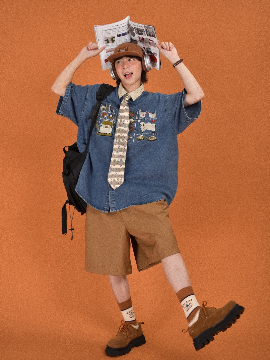 Japanese Retro Floral Embroidered Denim Short Sleeve Shirt - Summer Loose Fit Half Sleeve Top for Effortless Style Japanese Retro Floral Embroidered Denim Short Sleeve Shirt - Summer Loose Fit Half Sleeve Top for Effortless Style