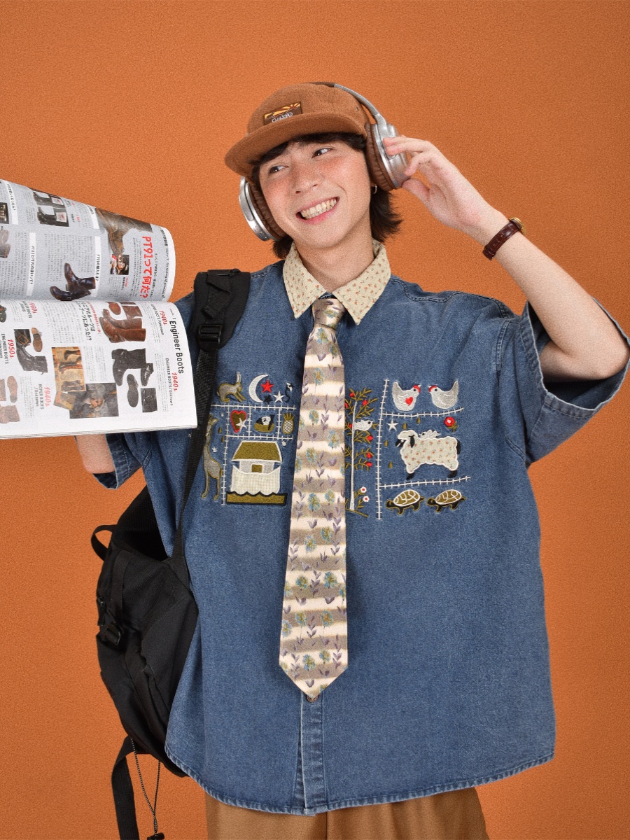 Japanese Retro Floral Embroidered Denim Short Sleeve Shirt - Summer Loose Fit Half Sleeve Top for Effortless Style Japanese Retro Floral Embroidered Denim Short Sleeve Shirt - Summer Loose Fit Half Sleeve Top for Effortless Style