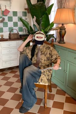 Japanese Retro Floral Print Short Sleeve Shirt - Summer Chic Hong Kong Style Casual Top for Effortless Y2K Fashion