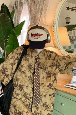 Japanese Retro Floral Print Short Sleeve Shirt - Summer Chic Hong Kong Style Casual Top for Effortless Y2K Fashion