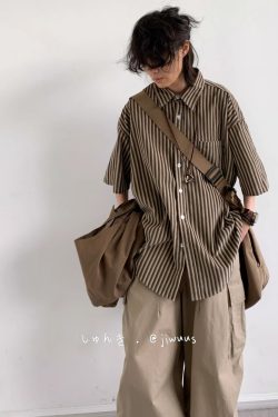 Japanese Retro Harajuku Striped Short Sleeve Shirt for Men and Women - Loose Boyfriend Style Summer Fashion Top