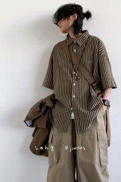 Japanese Retro Harajuku Striped Short Sleeve Shirt for Men and Women - Loose Boyfriend Style Summer Fashion Top