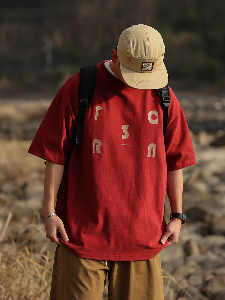 Japanese Retro Loose Casual Red Short Sleeve T-Shirt for Men and Women, Summer Letter Print Heavyweight Cotton Top Japanese Retro Loose Casual Red Short Sleeve T-Shirt for Men and Women, Summer Letter Print Heavyweight Cotton Top