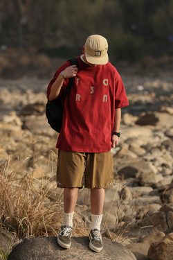 Japanese Retro Loose Casual Red Short Sleeve T-Shirt for Men and Women, Summer Letter Print Heavyweight Cotton Top