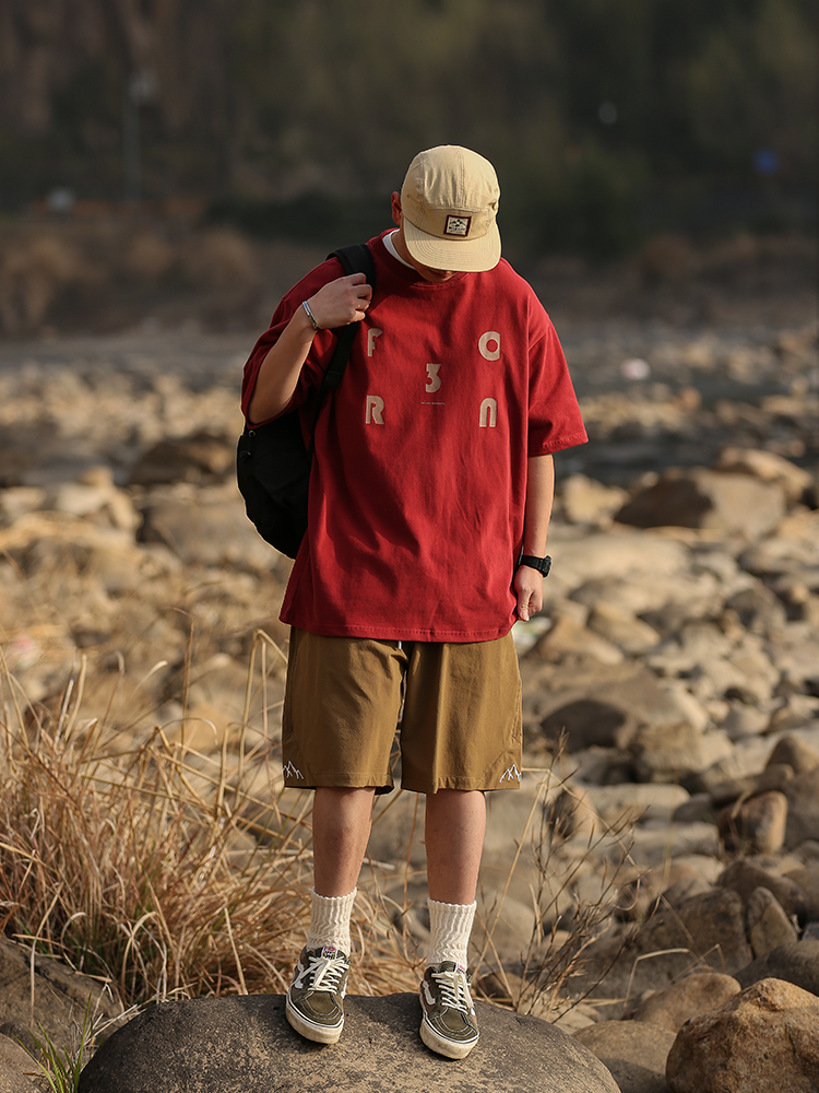 Japanese Retro Loose Casual Red Short Sleeve T-Shirt for Men and Women, Summer Letter Print Heavyweight Cotton Top Japanese Retro Loose Casual Red Short Sleeve T-Shirt for Men and Women, Summer Letter Print Heavyweight Cotton Top