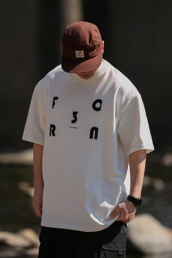 Japanese Retro Loose Casual Red Short Sleeve T-Shirt for Men and Women, Summer Letter Print Heavyweight Cotton Top