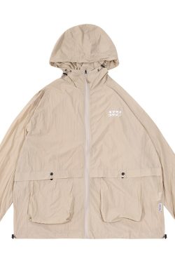 Japanese Retro Loose Mountain-Style Hooded Sun Protection Jacket with Irregular Buckle and Drawstring - Trendy Outdoor Climbing Coat