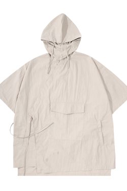 Japanese Retro Loose Mountain-Style Hooded Sun Protection Jacket with Irregular Buckle and Drawstring - Trendy Outdoor Climbing Coat