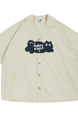 Japanese Retro Men's Short Sleeve "Logo Cat" Printed Work Shirt - Vintage Inspired Fashion, Casual Style, Y2K Aesthetic