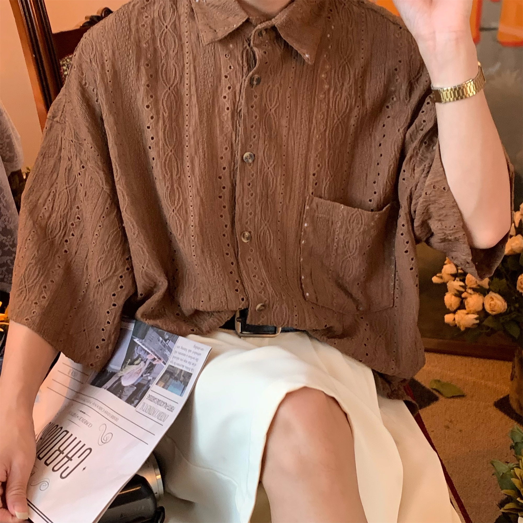 Japanese Retro Minimalist Hollow Short Sleeve Shirt - Handmade Light Luxury Unisex Summer Fashion Top Japanese Retro Minimalist Hollow Short Sleeve Shirt - Handmade Light Luxury Unisex Summer Fashion Top