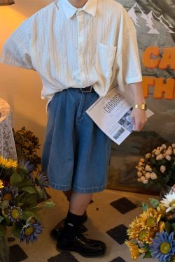 Japanese Retro Minimalist Hollow Short Sleeve Shirt - Summer Light Luxury Unisex Top for a Niche 90s Aesthetic