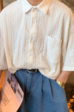 Japanese Retro Minimalist Hollow Short Sleeve Shirt - Summer Light Luxury Unisex Top for a Niche 90s Aesthetic