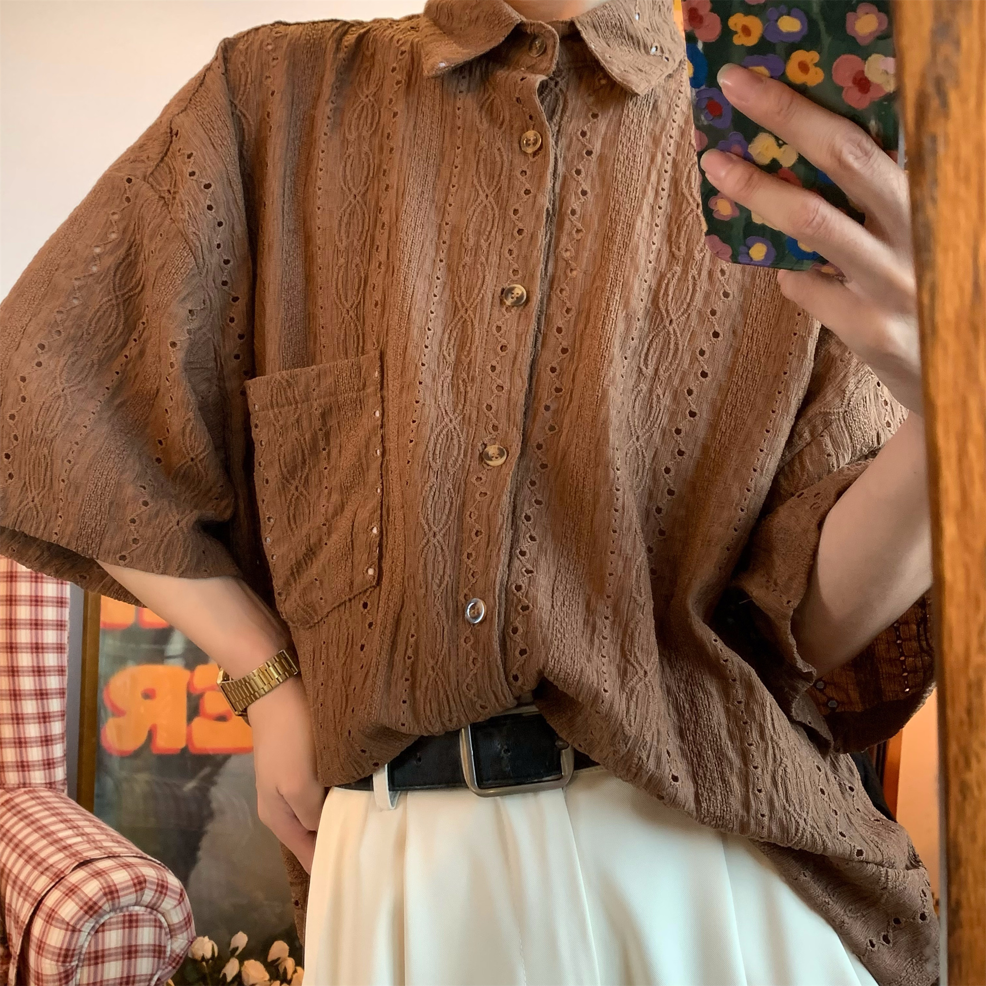 Japanese Retro Minimalist Hollow Short Sleeve Shirt - Summer Light Luxury Unisex Top for a Niche 90s Aesthetic Japanese Retro Minimalist Hollow Short Sleeve Shirt - Summer Light Luxury Unisex Top for a Niche 90s Aesthetic