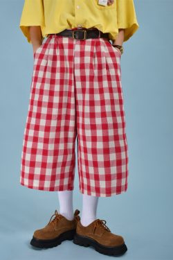 Japanese Retro Plaid Loose Casual Unisex Summer Wide-Leg Three-Quarter Pants - Versatile 90s Inspired Fashion