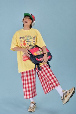 Japanese Retro Plaid Loose Casual Unisex Summer Wide-Leg Three-Quarter Pants - Versatile 90s Inspired Fashion