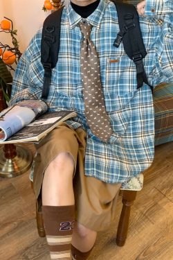 Japanese Retro Plaid Short Sleeve Shirt for Men and Women, Summer Loose Checkered Half Sleeve Top, Versatile 90s Style Fashion