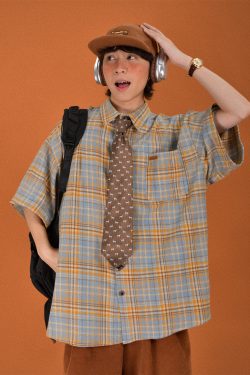 Japanese Retro Plaid Short Sleeve Shirt for Men and Women, Summer Loose Checkered Half Sleeve Top, Versatile 90s Style Fashion