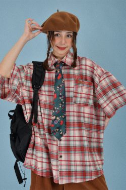 Japanese Retro Plaid Short Sleeve Shirt for Men and Women, Summer Versatile Loose Checkered Half Sleeve Top - Y2K Style